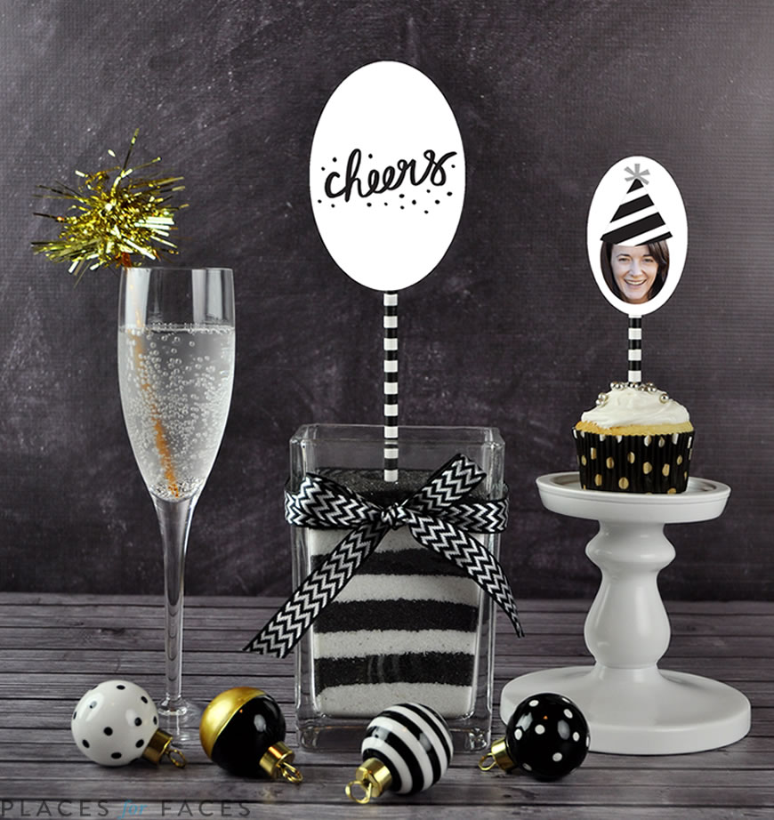 Happy New Year from Places for Faces | personalize your party with gift tags, cupcake toppers, swizzle sticks, personalized straws, and more!
